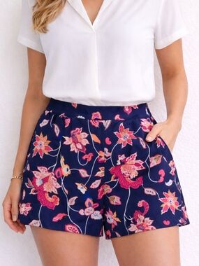 LOFT Outlet Floral Mid-Rise Shorts Blue & Pink Flowy Summer Shorts